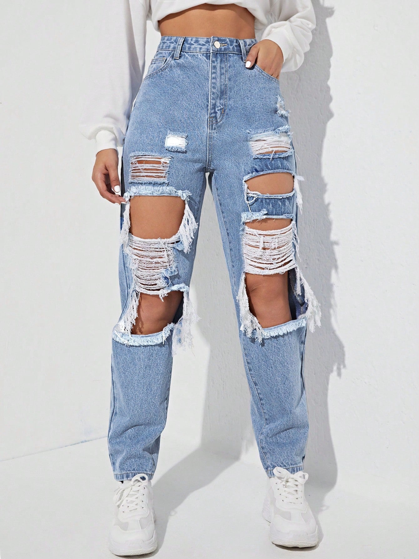 SHEIN Ezwear Women'S Ripped Denim Trousers