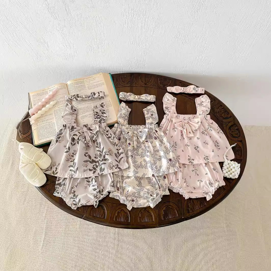 Summer Baby Thin Floral Top Shorts Hair Band 3-piece Set
