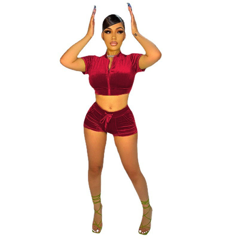 Velvet Short Suit Solid Color Casual Simple