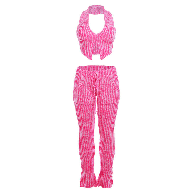 Hollow-out Bare Midriff High Waist Sheath Slim-fit Trousers Suit Women