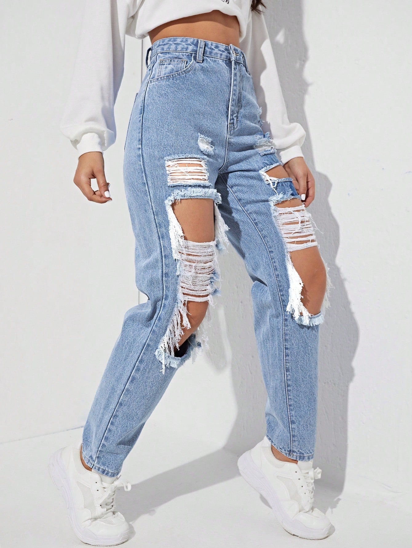 SHEIN Ezwear Women'S Ripped Denim Trousers