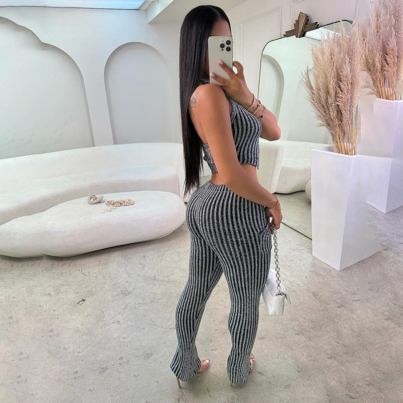 Hollow-out Bare Midriff High Waist Sheath Slim-fit Trousers Suit Women