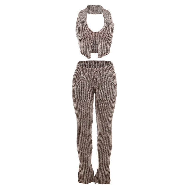 Hollow-out Bare Midriff High Waist Sheath Slim-fit Trousers Suit Women
