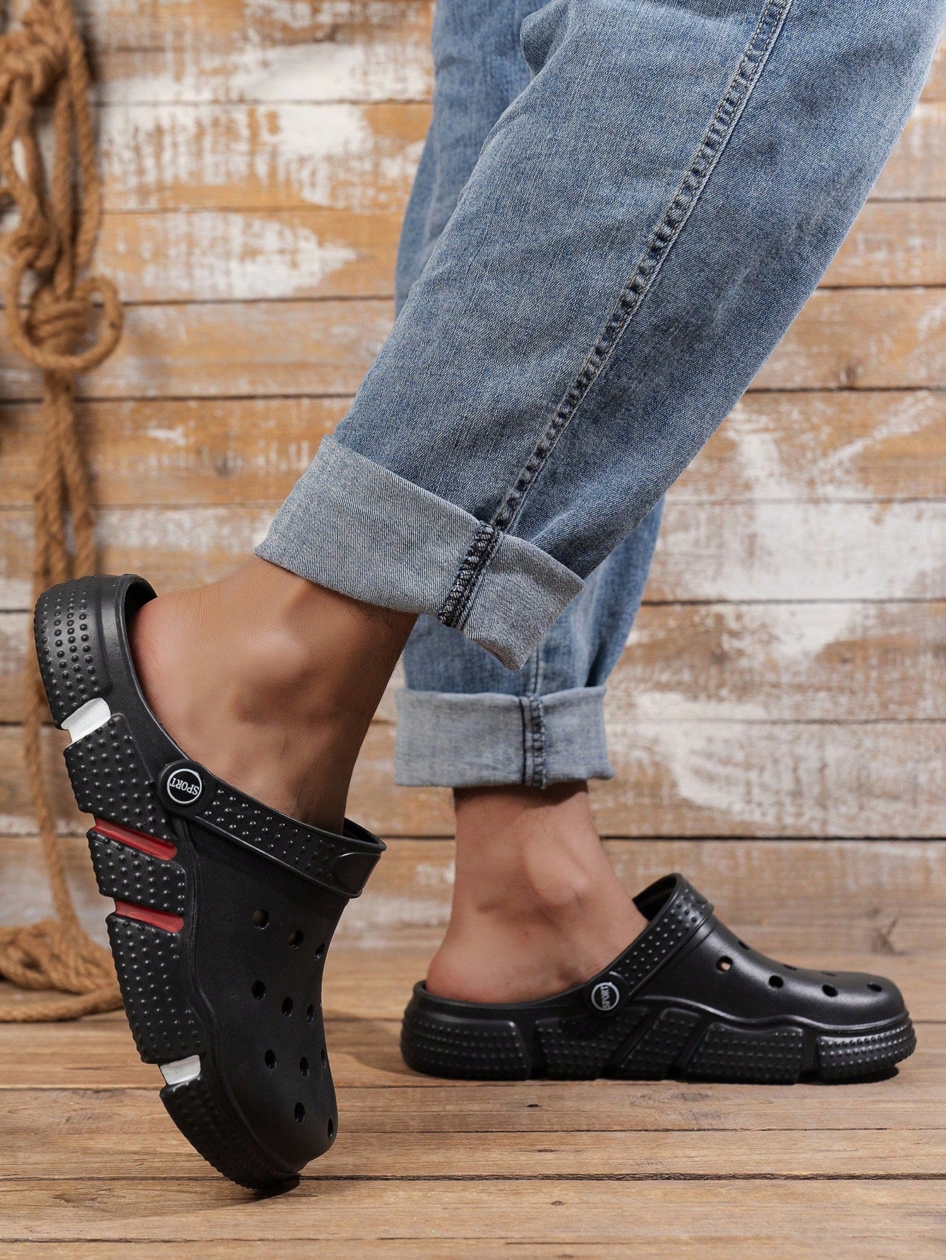 Men'S Trendy Hollow Out Solid Wood Bottom Sandals, Comfortable Anti-Slip Breathable Casual Eva Slippers, Suitable for Outdoor Activities