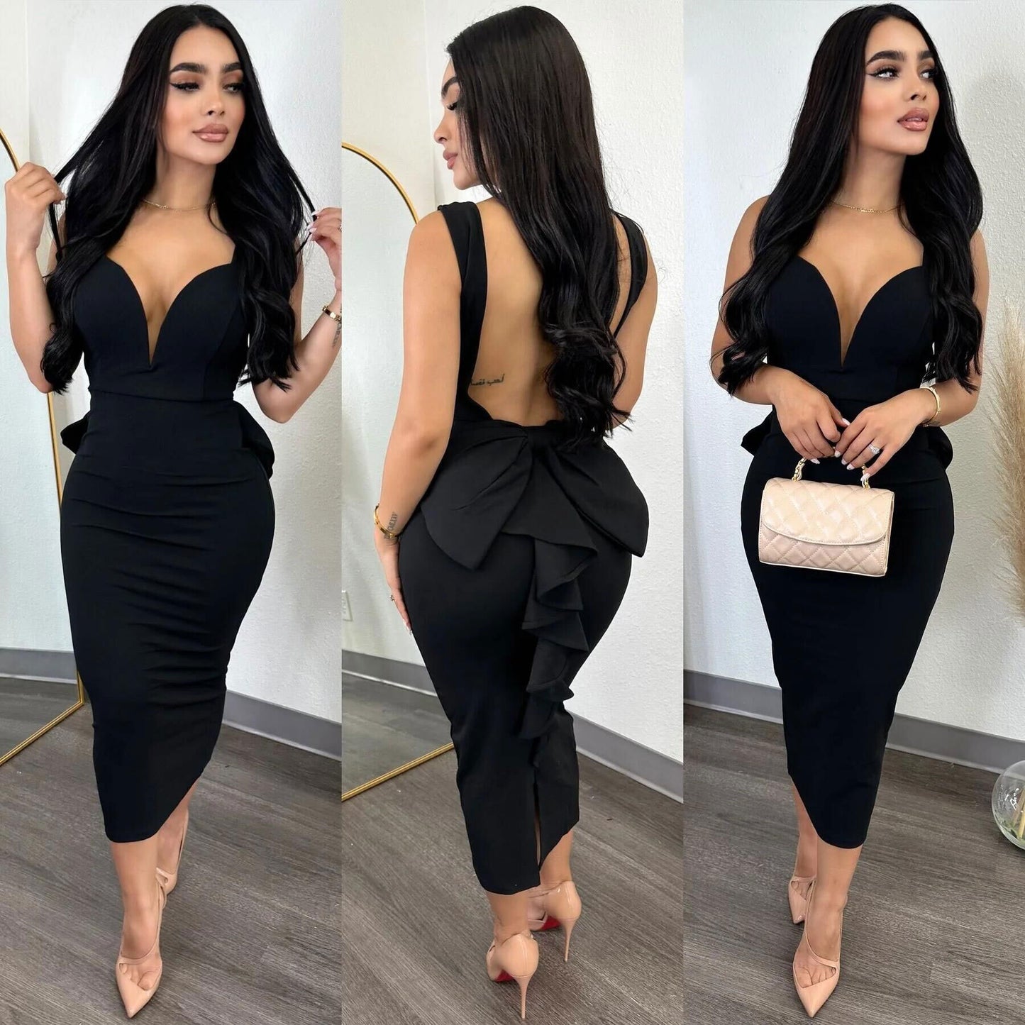 Ladies Bow Stretch Split Dress