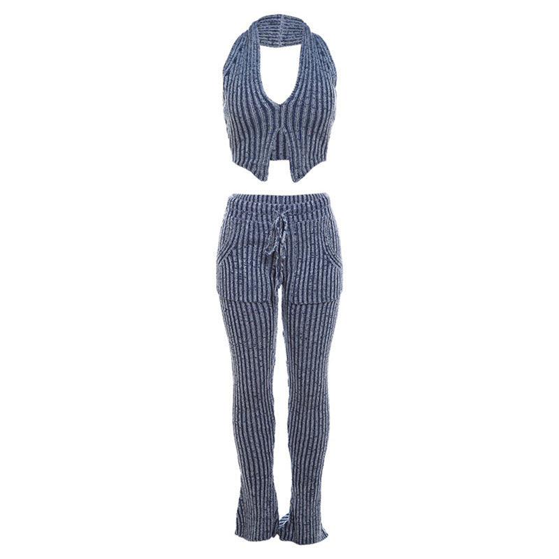 Hollow-out Bare Midriff High Waist Sheath Slim-fit Trousers Suit Women