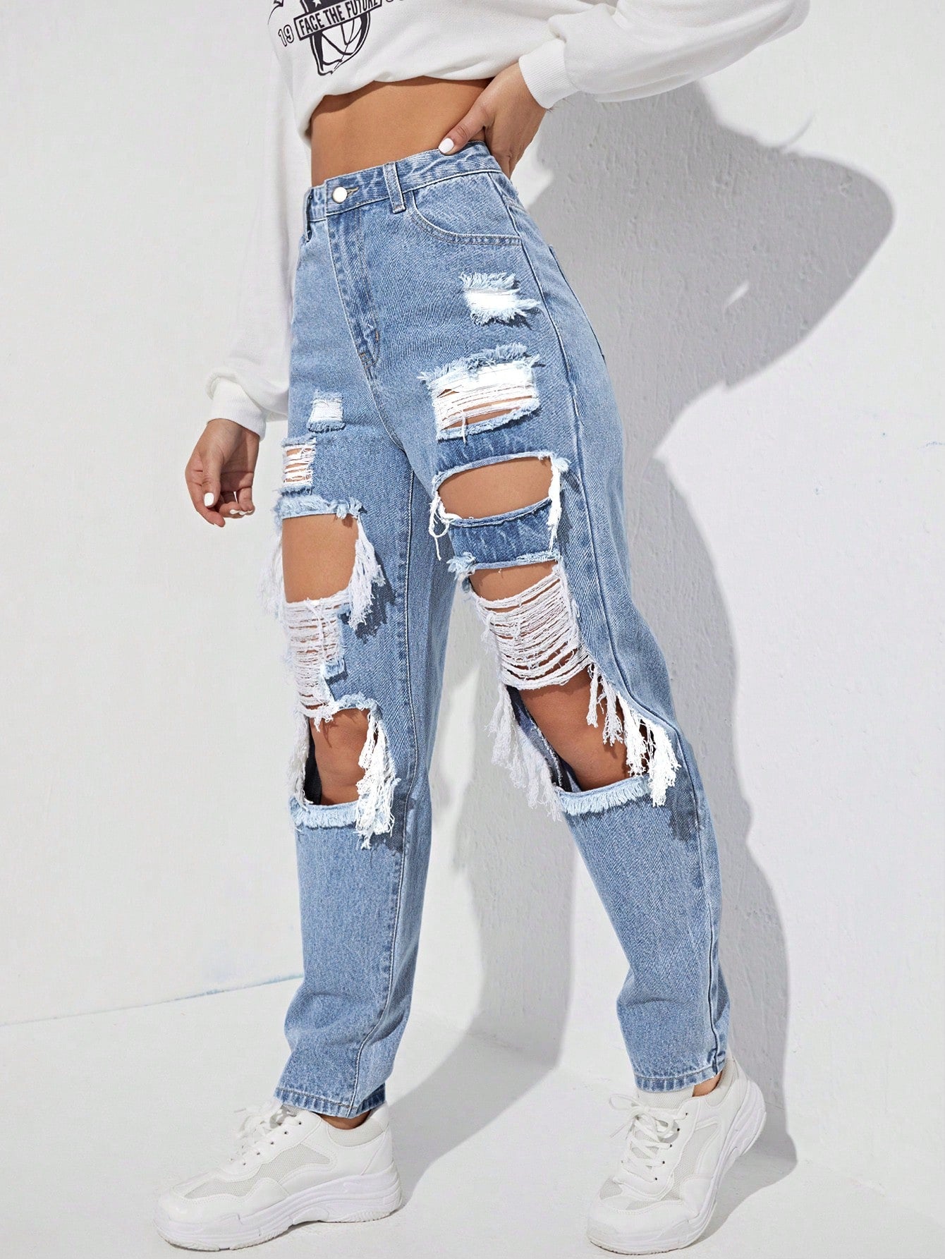 SHEIN Ezwear Women'S Ripped Denim Trousers