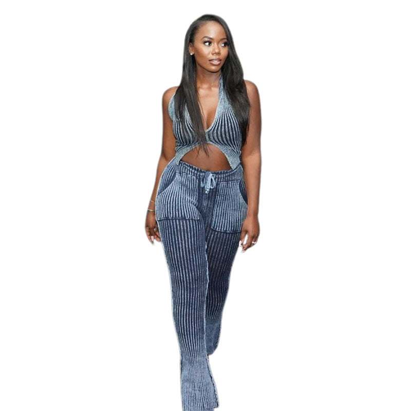 Hollow-out Bare Midriff High Waist Sheath Slim-fit Trousers Suit Women
