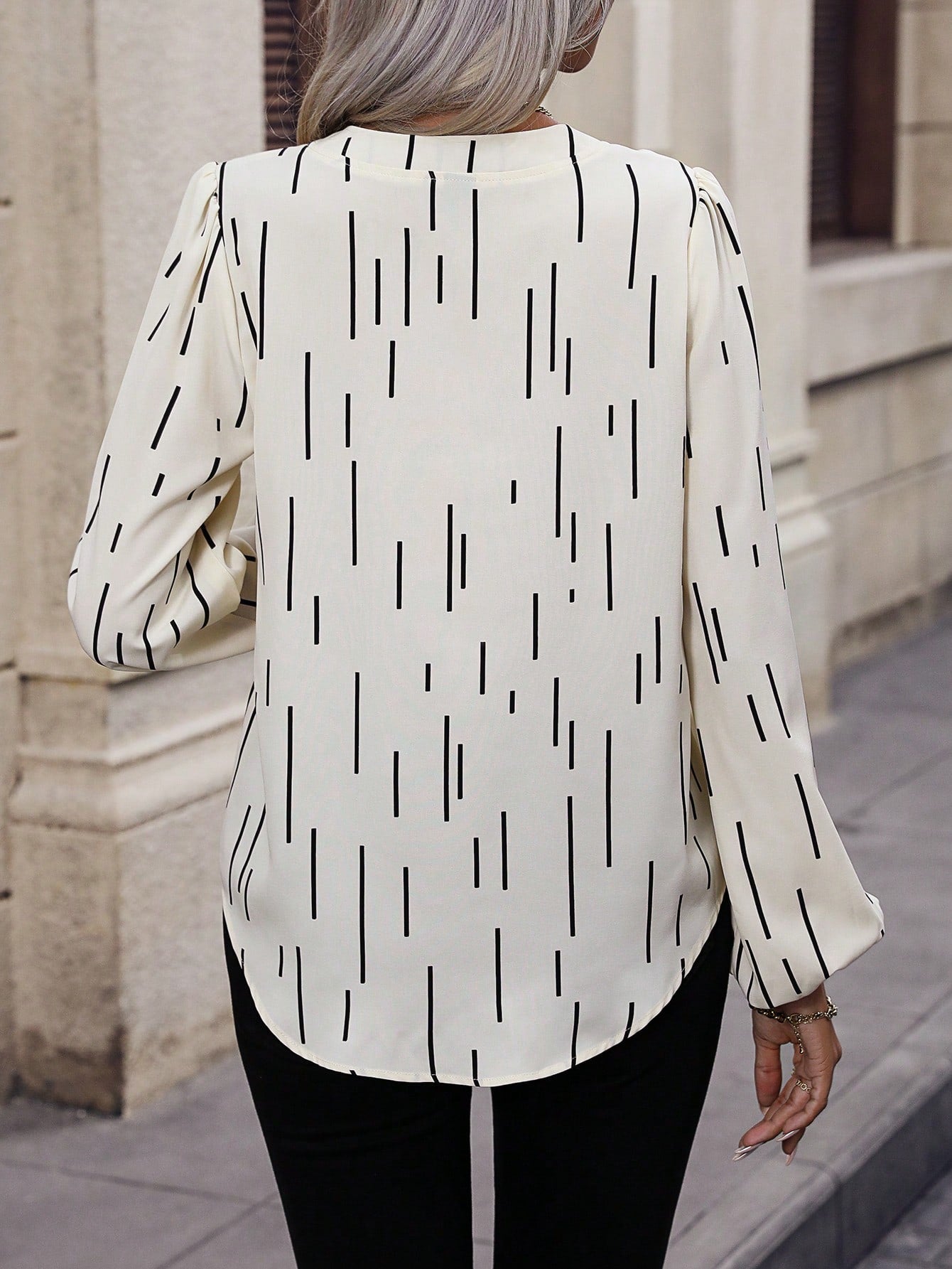 Allover Print Notched Neckline Lantern Sleeve Blouse