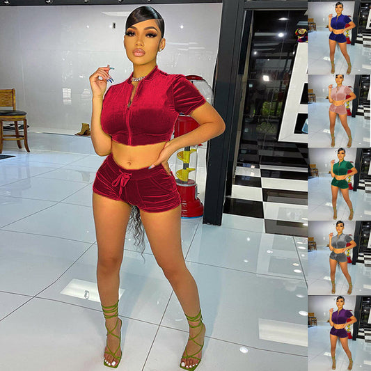 Velvet Short Suit Solid Color Casual Simple