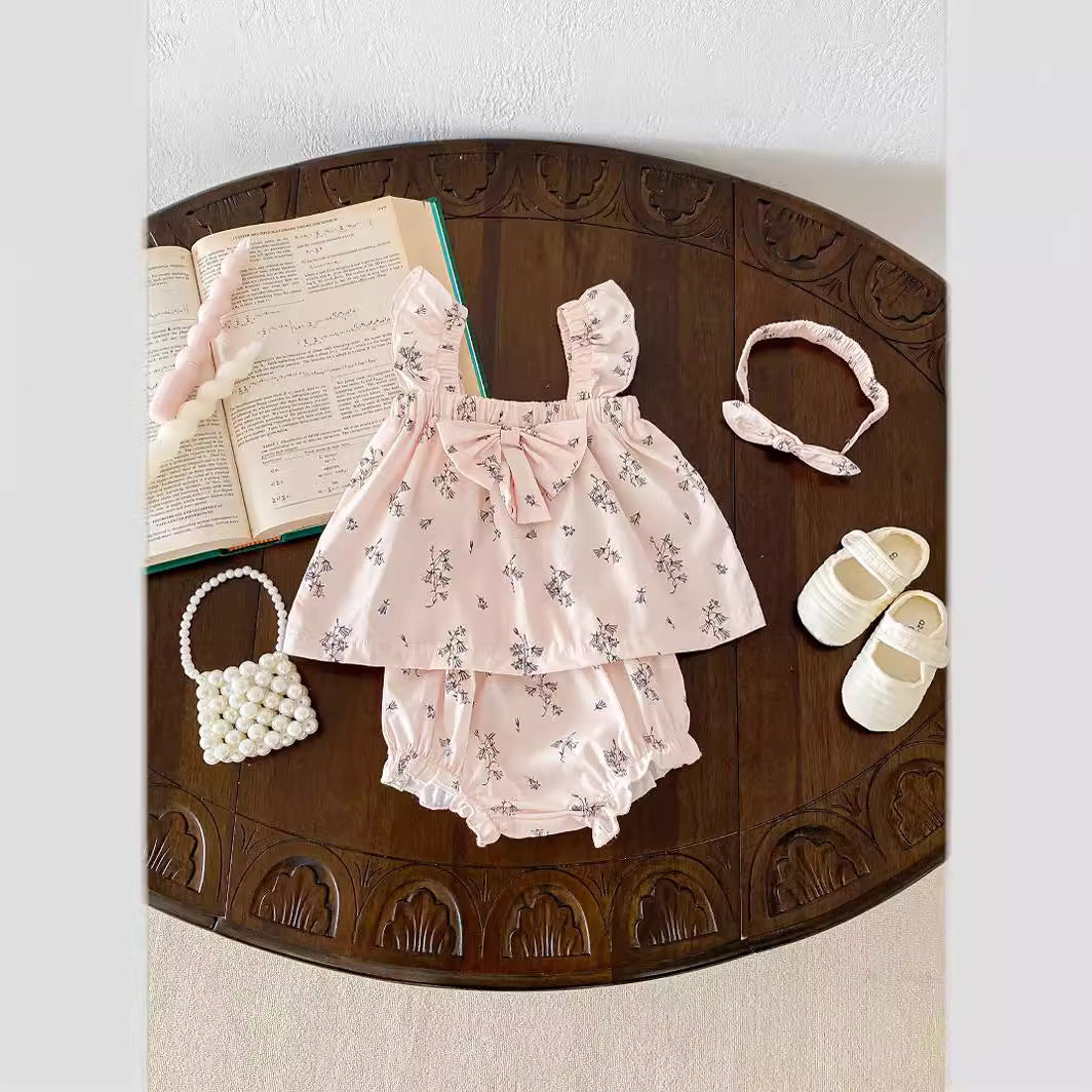 Summer Baby Thin Floral Top Shorts Hair Band 3-piece Set