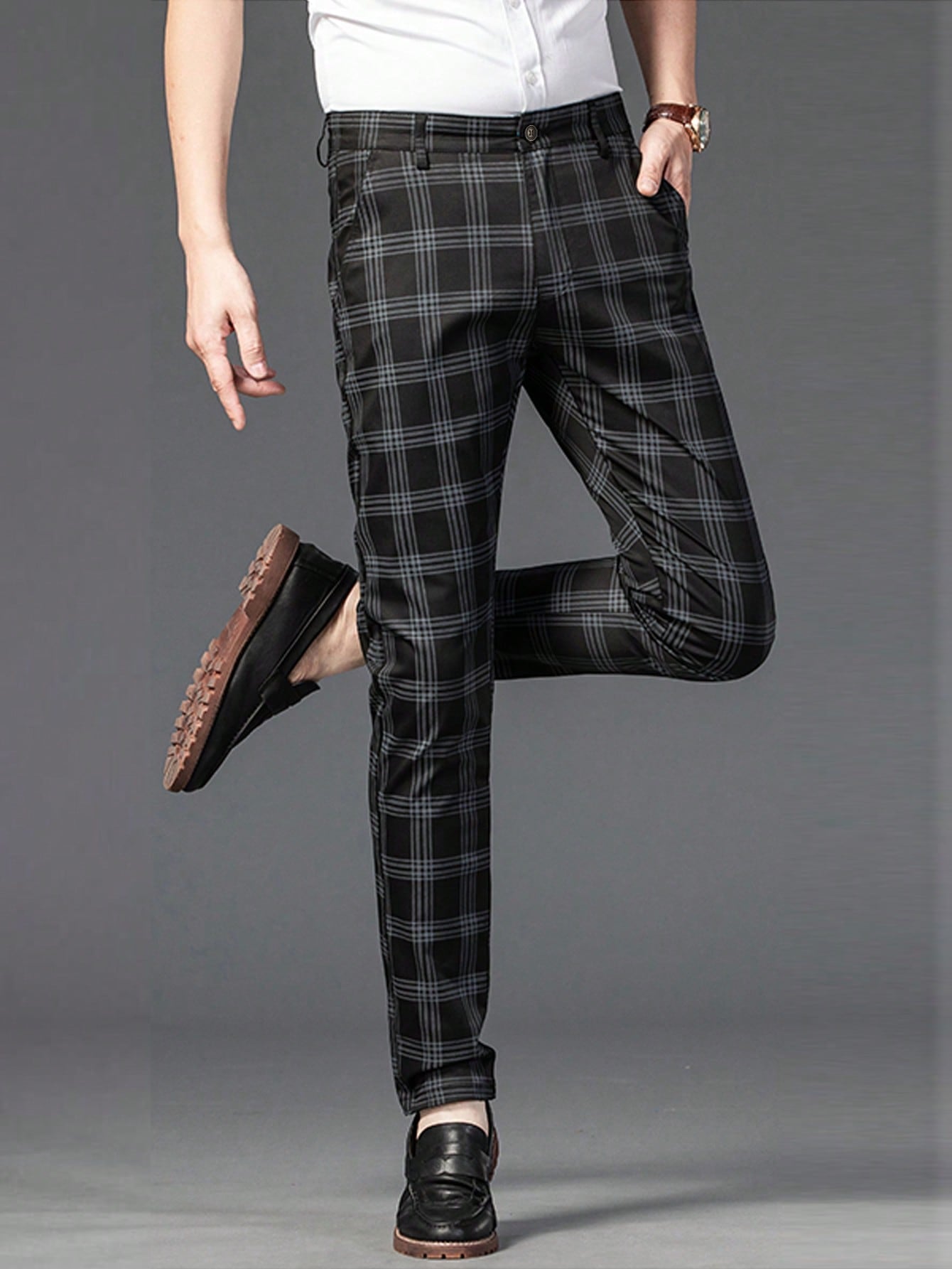 Manfinity Homme Men Plaid Print Slant Pocket Suit Pants