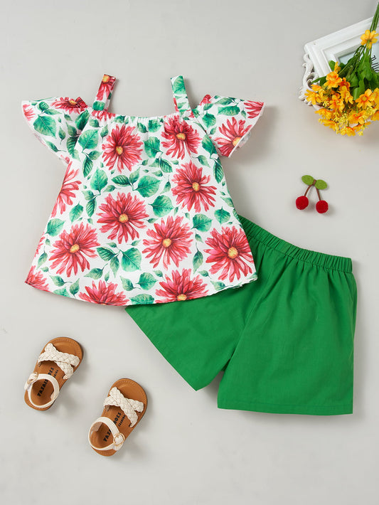 Floral Print Round Neck Top and Shorts Set