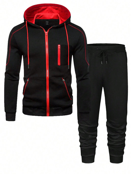 Manfinity Men Contrast Piping Drawstring Hoodie & Sweatpants