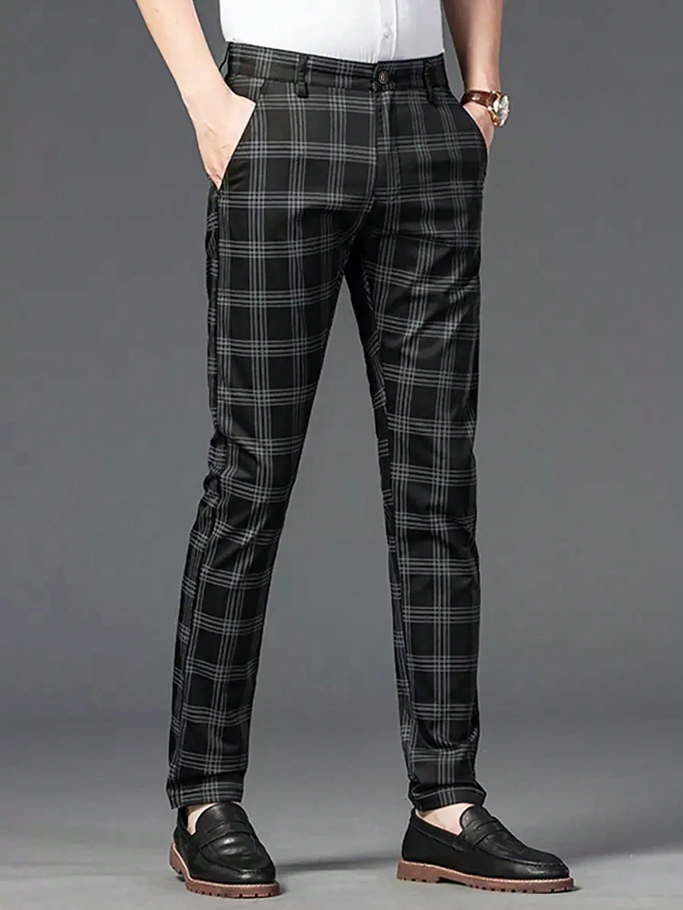 Manfinity Homme Men Plaid Print Slant Pocket Suit Pants