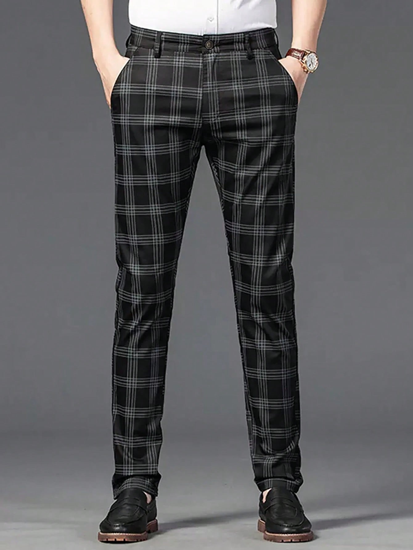 Manfinity Homme Men Plaid Print Slant Pocket Suit Pants