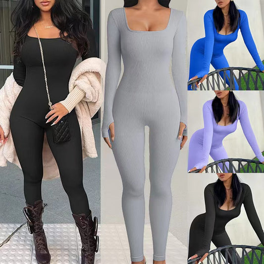 Square Neck and Buttocks Lifting Slim Fitting Jumpsuit