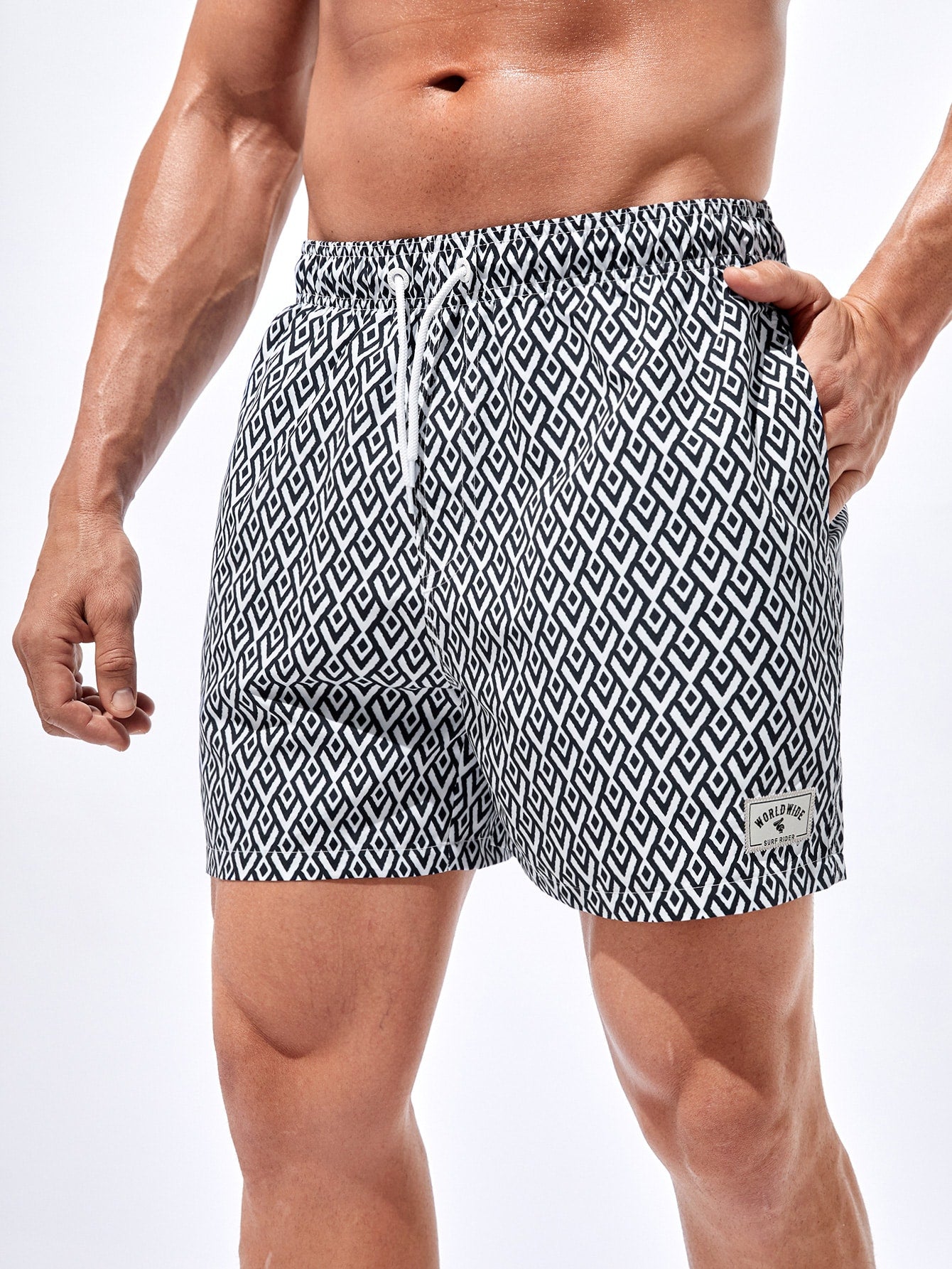 Manfinity Men Geo Print Letter Patched Detail Drawstring Waist Swim Trunks