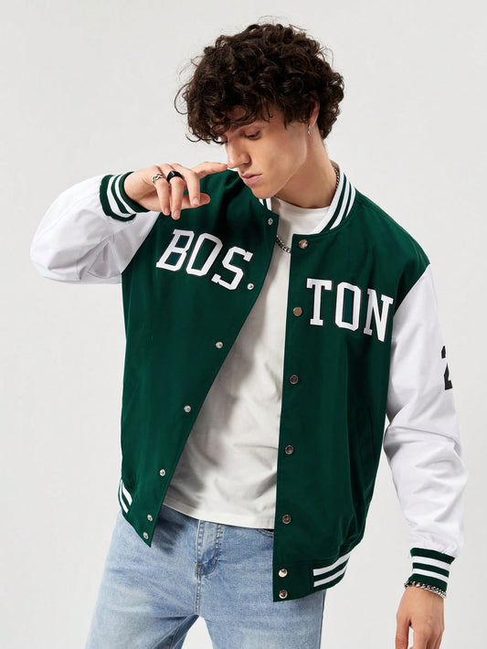 Manfinity Sporsity Loose Fit Men'S Letter Graphic Striped Trim Varsity Jacket