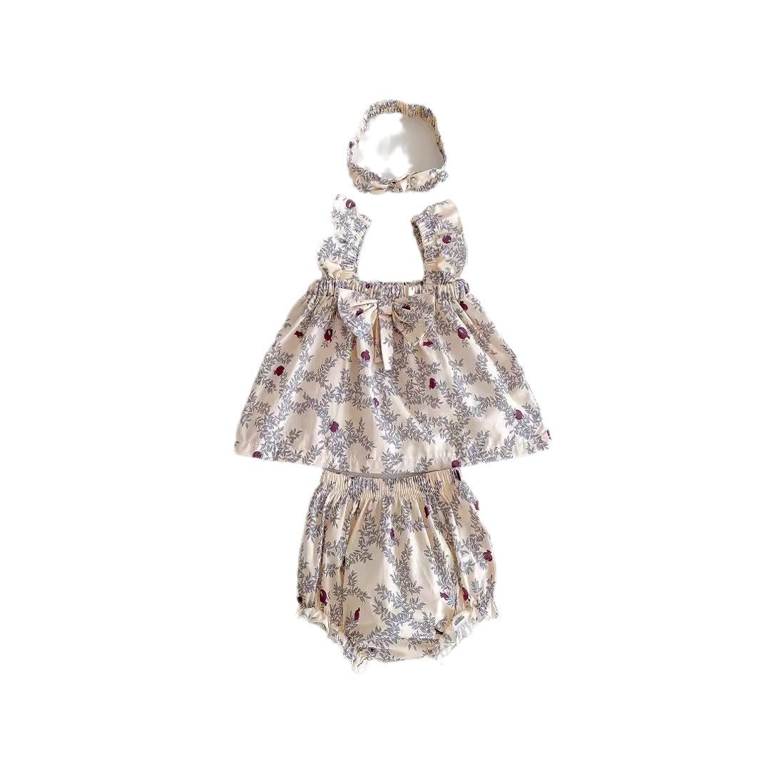 Summer Baby Thin Floral Top Shorts Hair Band 3-piece Set
