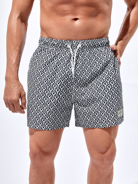 Manfinity Men Geo Print Letter Patched Detail Drawstring Waist Swim Trunks