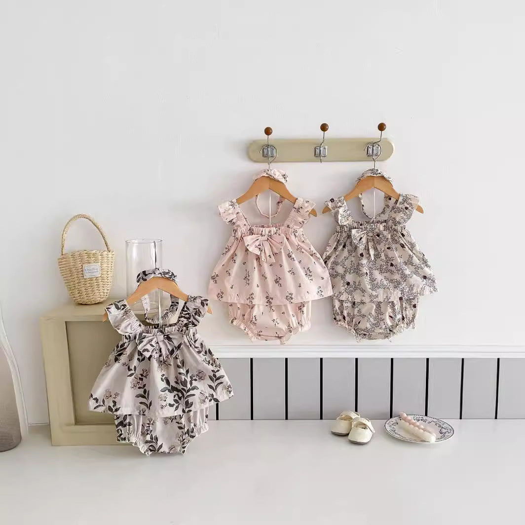 Summer Baby Thin Floral Top Shorts Hair Band 3-piece Set