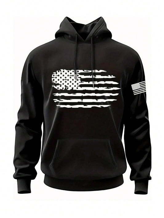 Men American Flag Print Kangaroo Pocket Drawstring Hoodie