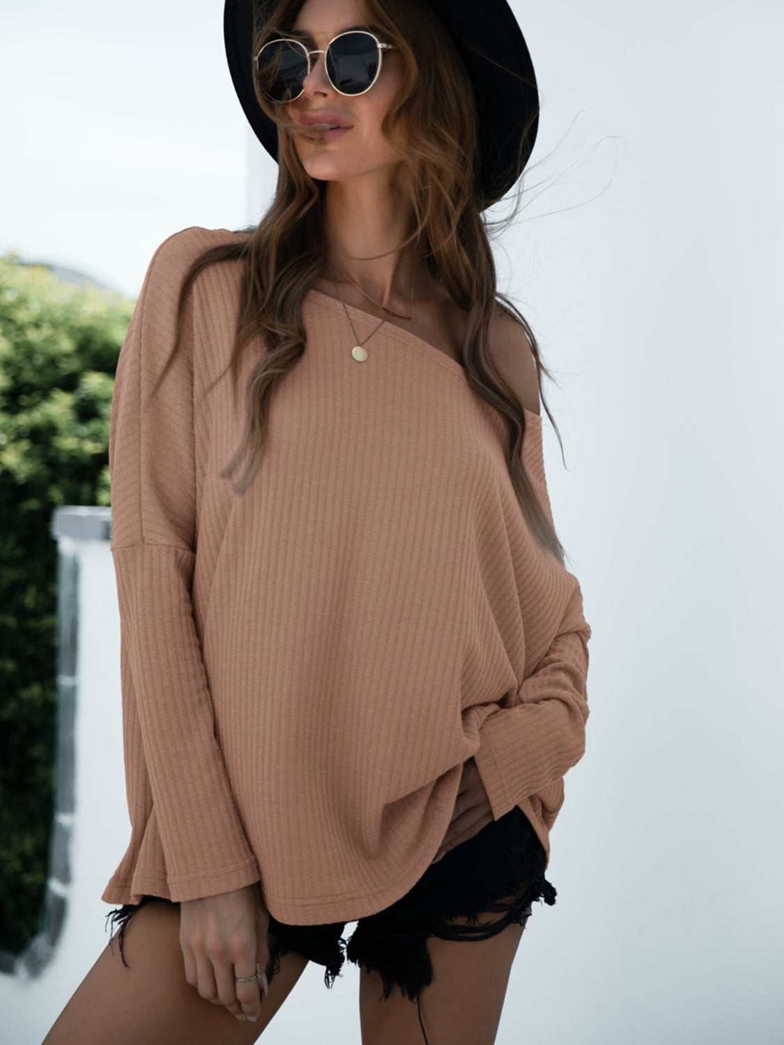 Single Shoulder Long Sleeve Knit Top