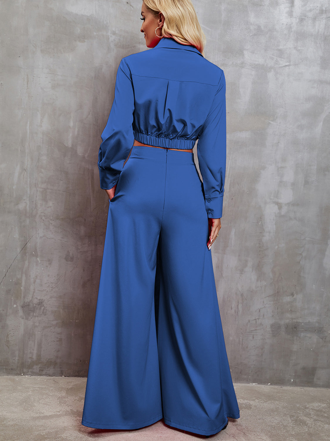 Collared Neck Long Sleeve Top and Wide Leg Pants Set